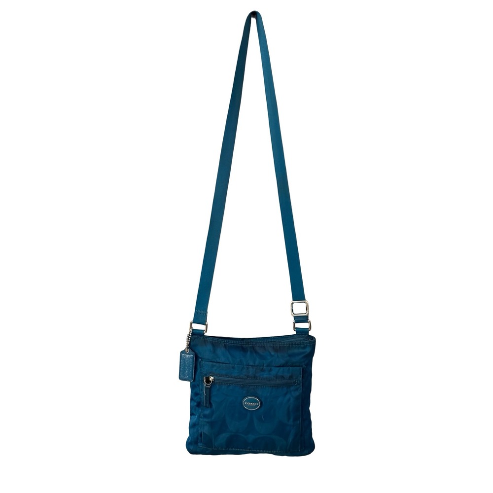 Coach Signature C Nylon Crossbody Bag Small Teal Blue Messenger Purse